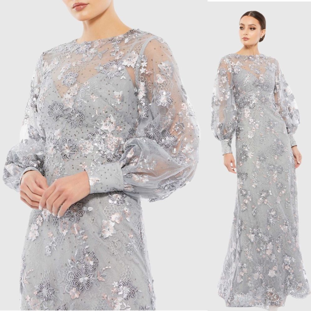 Mac Duggal 67936 Size 12 Bishop Sleeve Embroidered Mermaid Platinum Formal Dress